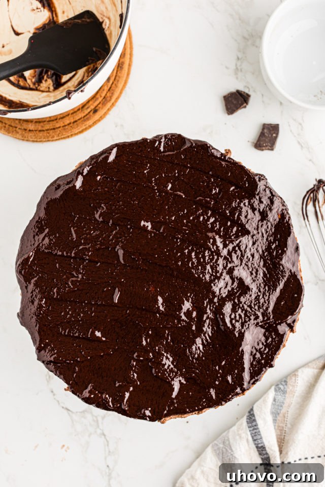 Overhead view of the smooth chocolate ganache being poured and spread over the set hazelnut mousse cake in the springform pan.