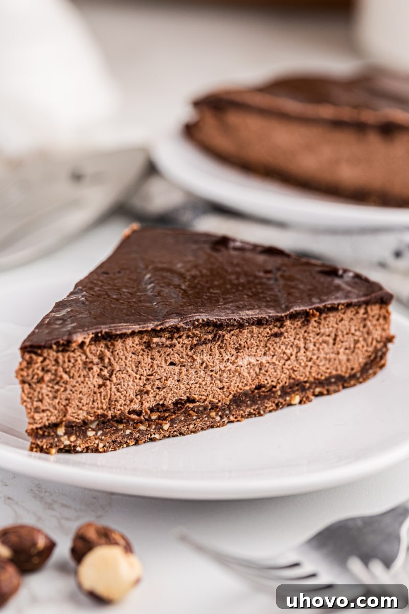 A perfectly portioned slice of chocolate hazelnut mousse cake presented on a simple white plate, highlighting its distinct layers.