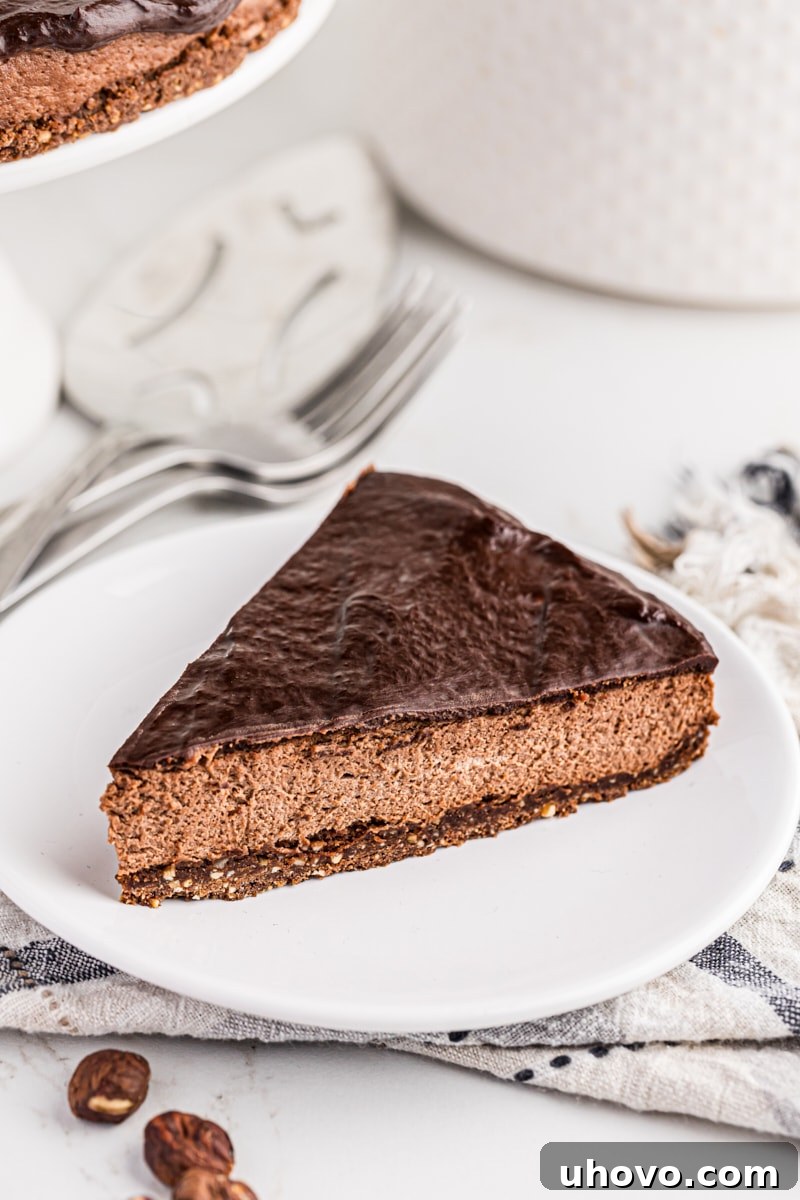 Another enticing shot of a slice of chocolate hazelnut mousse cake on a white plate, highlighting its rich layers.