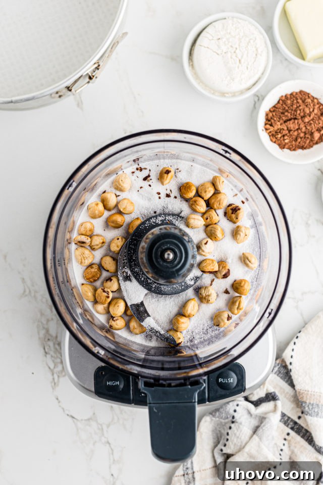 Overhead shot of whole hazelnuts and granulated sugar being added to a food processor bowl.