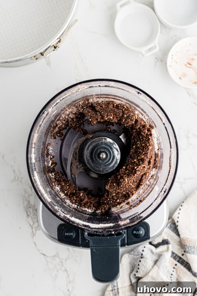 Overhead shot showing the chocolate hazelnut crust mixture in the food processor, forming a cohesive dough.