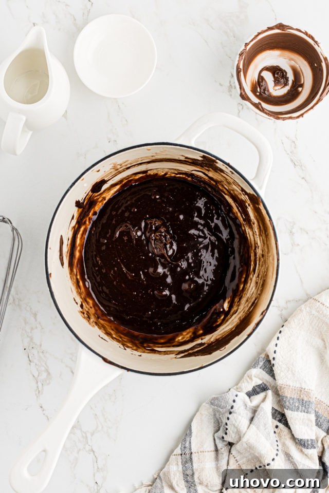 Overhead view of warm gelatin solution with Nutella being whisked into it in a bowl.
