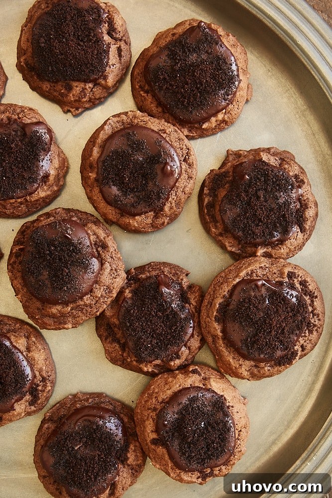 overhead view of Chocolate Blackout Cookies on a pewter tray