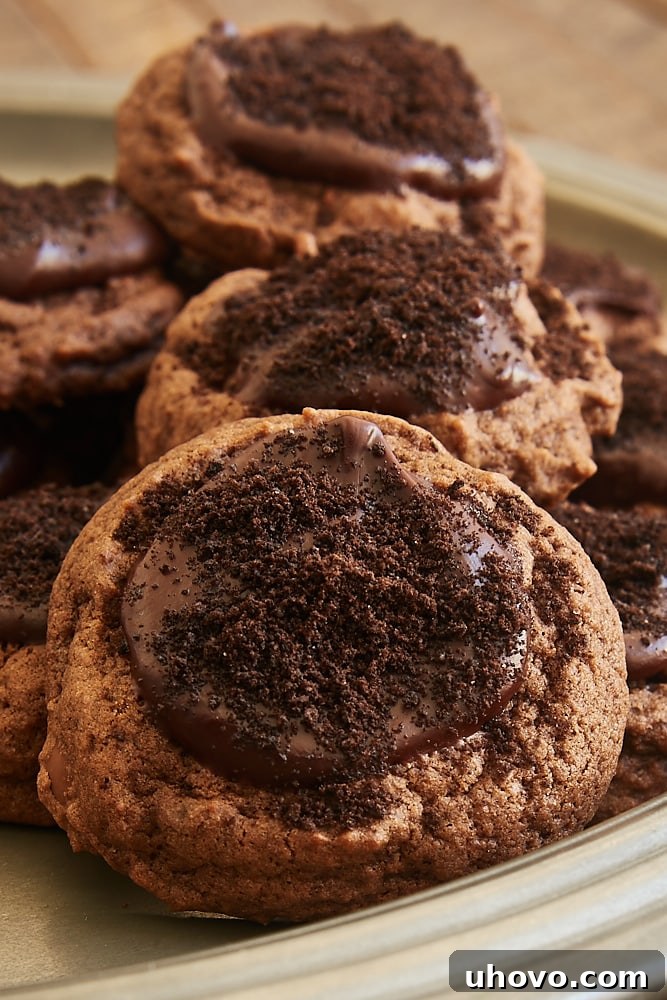 close-up view of Chocolate Blackout Cookies on a pewter tray