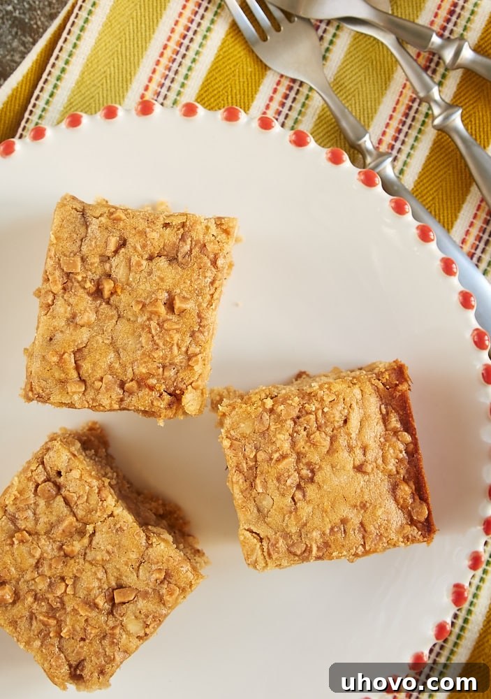 overhead view of Peanut Butter Toffee Snack Cake on a red-rimmed white plate