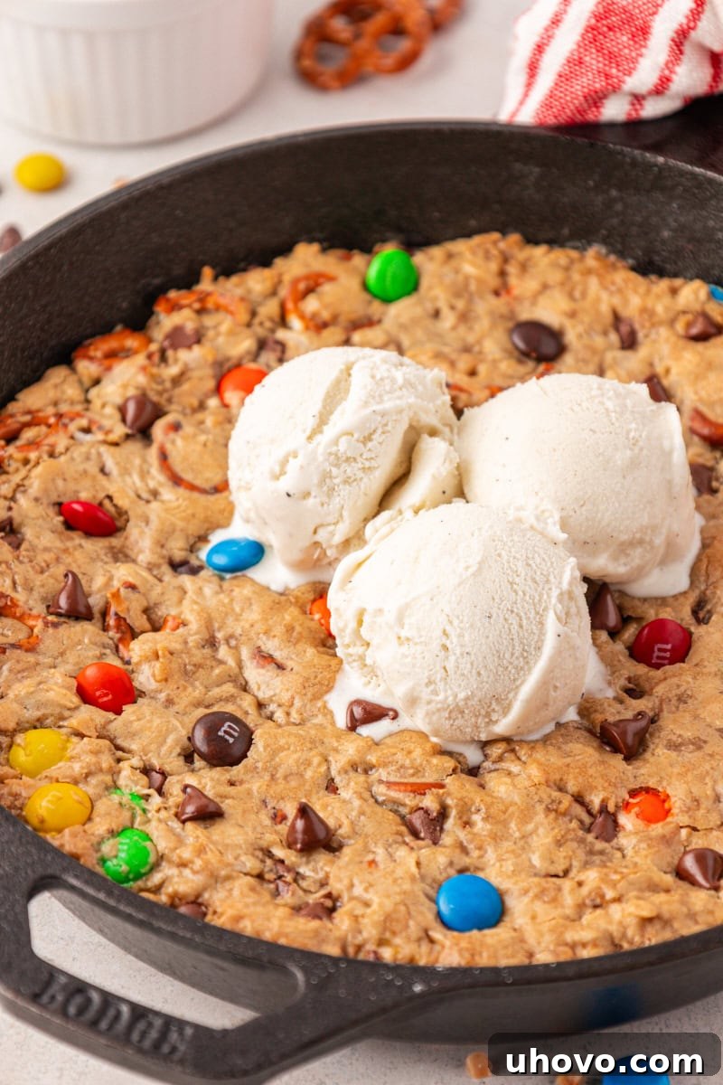 monster skillet cookie topped with three scoops of ice cream
