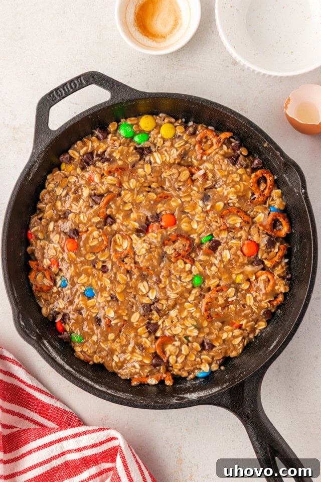 overhead view of monster skillet cookie ready to go into the oven