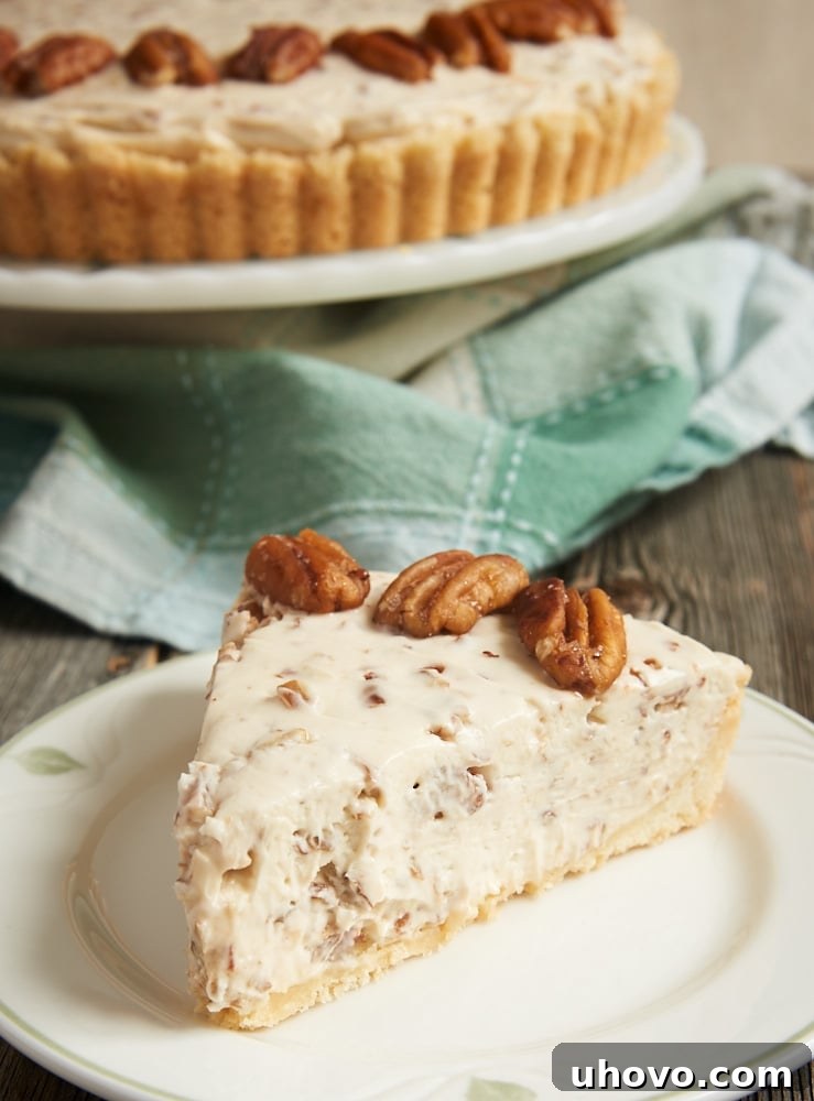 A perfectly sliced piece of Butter Pecan Cheesecake, revealing the creamy filling and a rich, golden crust, ready to be enjoyed.