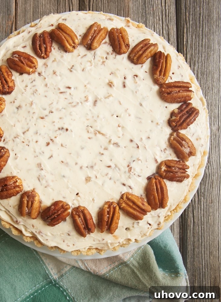 A stunning Butter Pecan Cheesecake, ready to be served, capturing the essence of a gourmet homemade dessert.