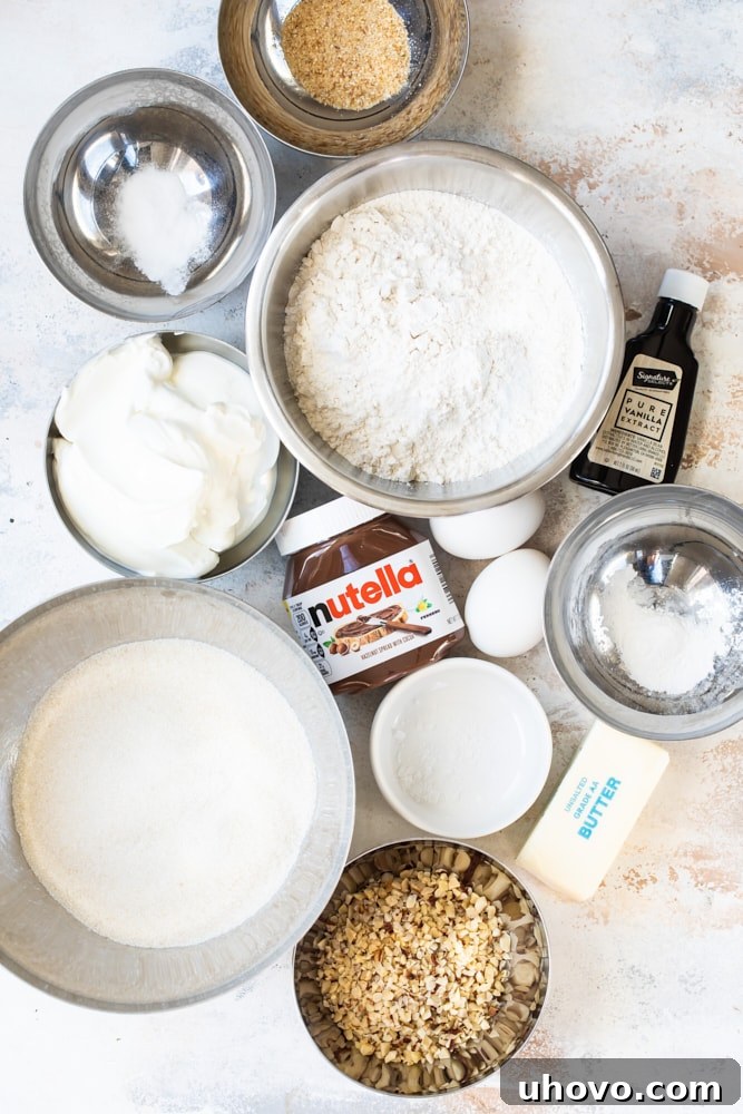 overhead view of ingredients for Sour Cream Hazelnut Bundt Cake