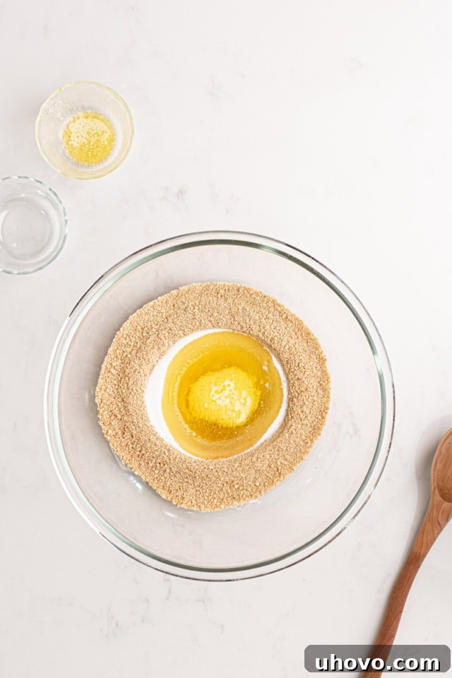 An overhead view of a clear glass mixing bowl filled with golden graham cracker crumbs, sparkling granulated sugar, and a pool of melted golden butter. These three simple ingredients are ready to be combined, forming the foundation of the pie crust.