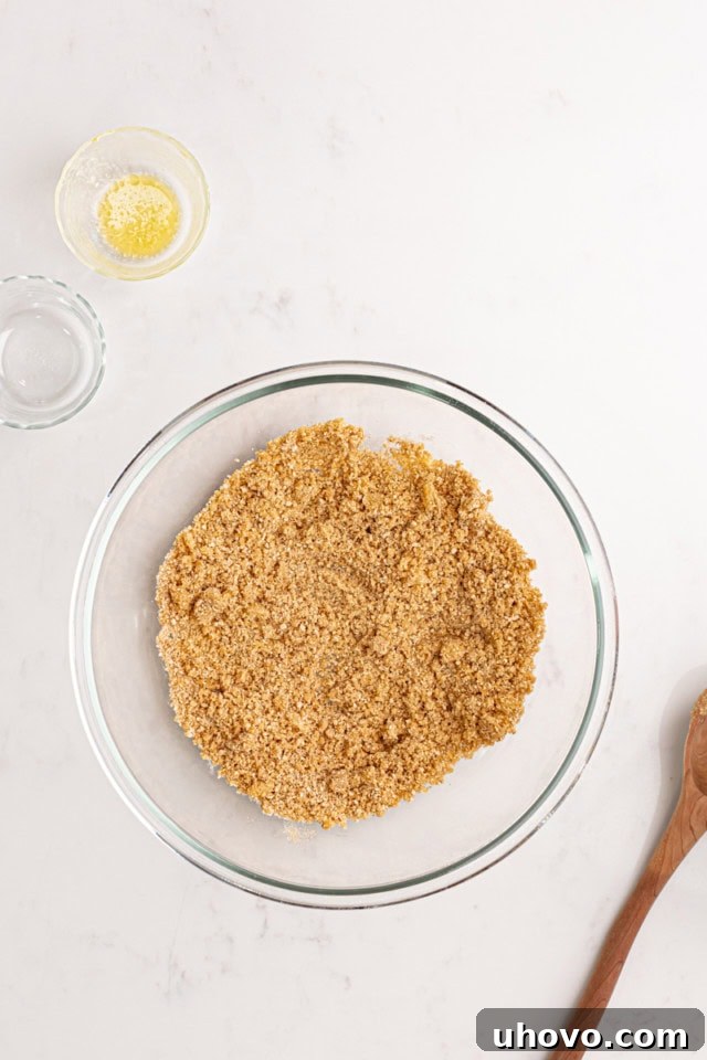 An overhead view of the graham cracker crust mixture in a clear glass mixing bowl after combining. The crumbs are evenly moistened by the melted butter, creating a uniform, sandy texture that is ready to be pressed into the pie pan.
