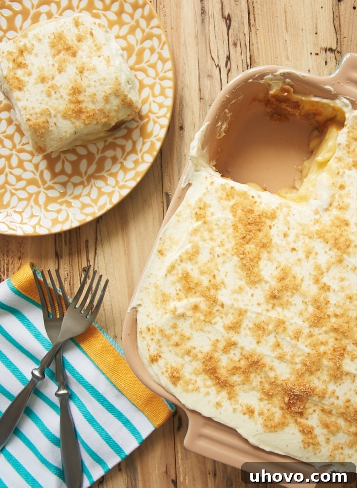A pan of banana pudding bars with one bar removed and placed on a white plate next to the pan. The layers are clearly visible.