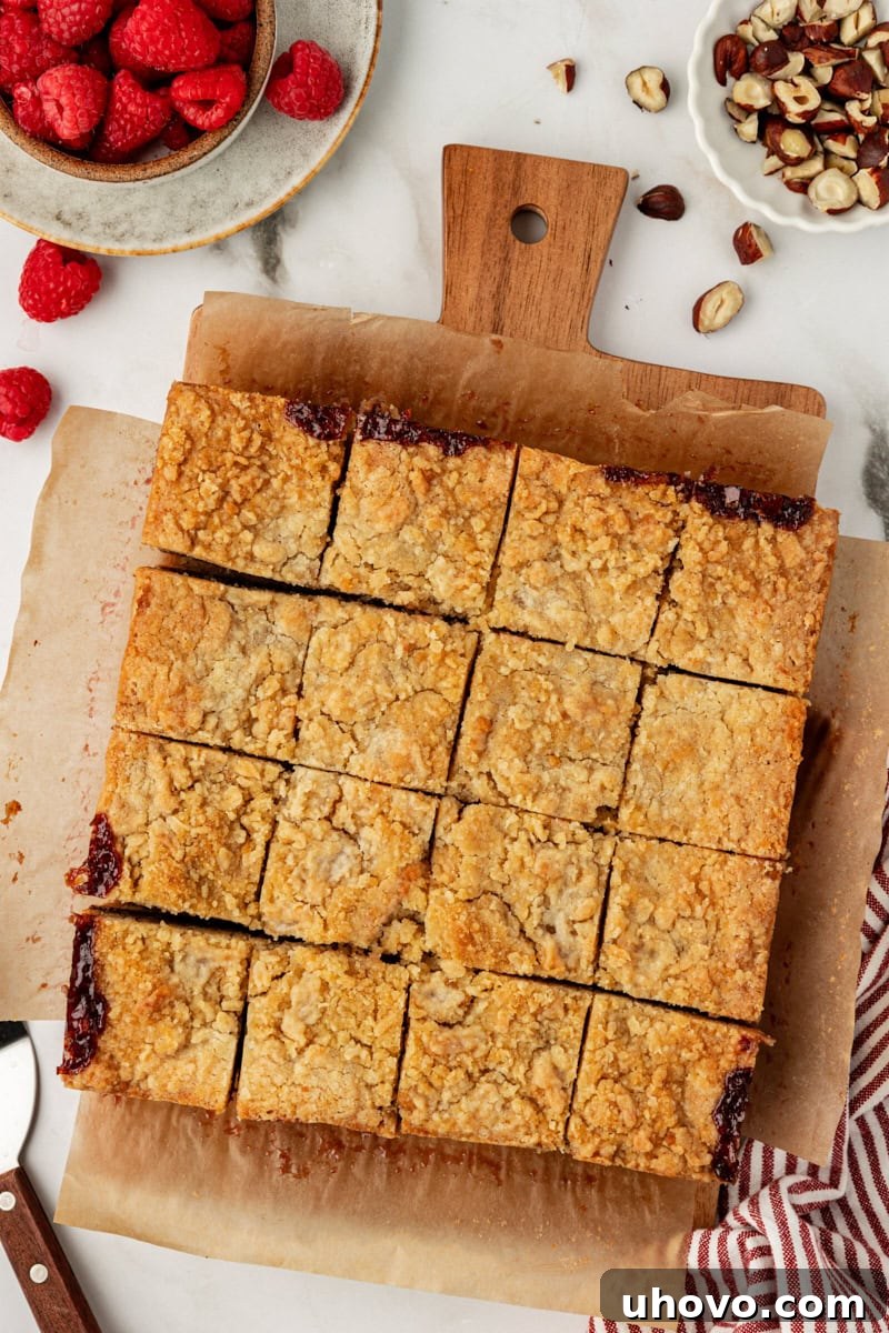 Top-down view of perfectly sliced raspberry crumble bars, showcasing the layers