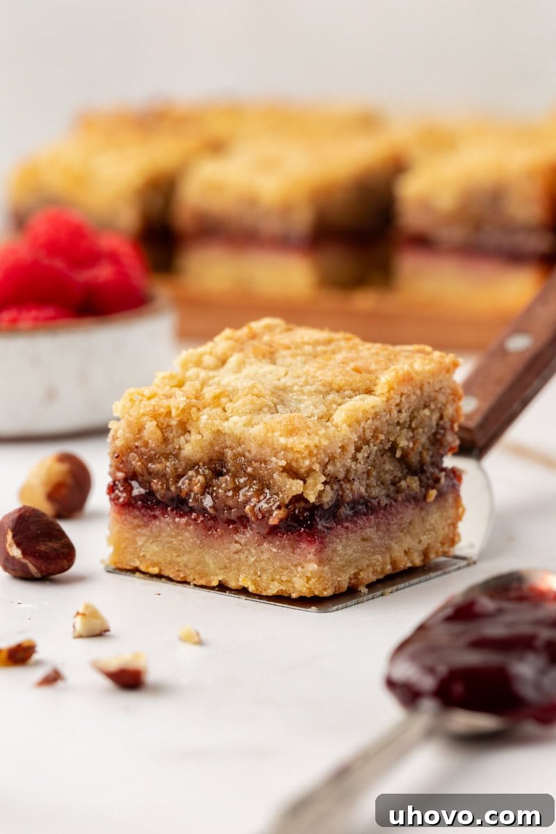 Buttery raspberry crumble bar on spatula, ready to be served