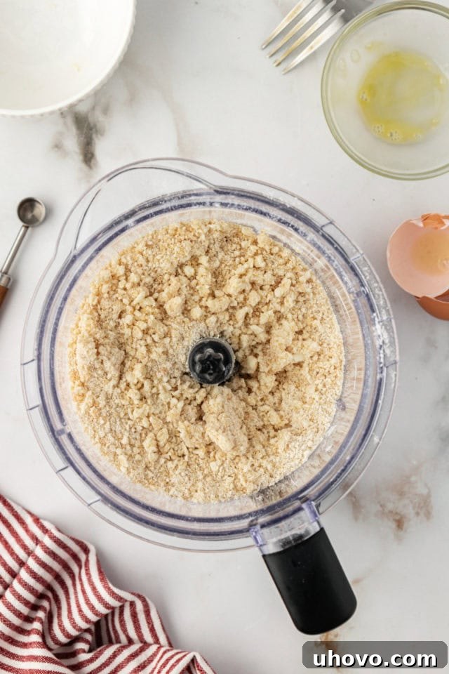 Overhead view of crust mixture in food processor bowl, resembling cornmeal