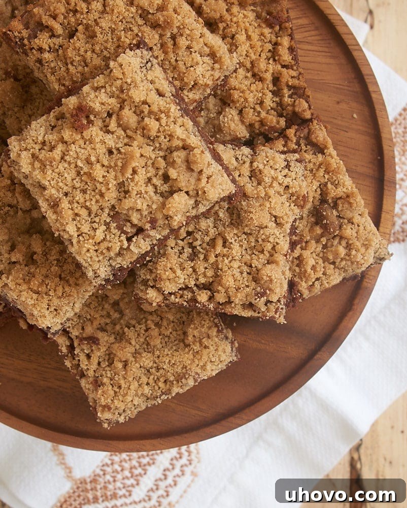 Close-up of a square of Cinnamon Crumb Brownie, showing its thick, fudgy base and textured cinnamon streusel topping. Perfectly baked and ready to eat.