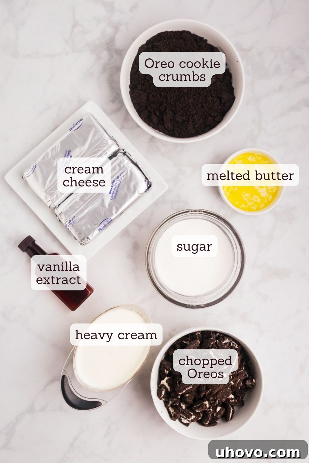 overhead view of ingredients for Oreo cheesecake bars