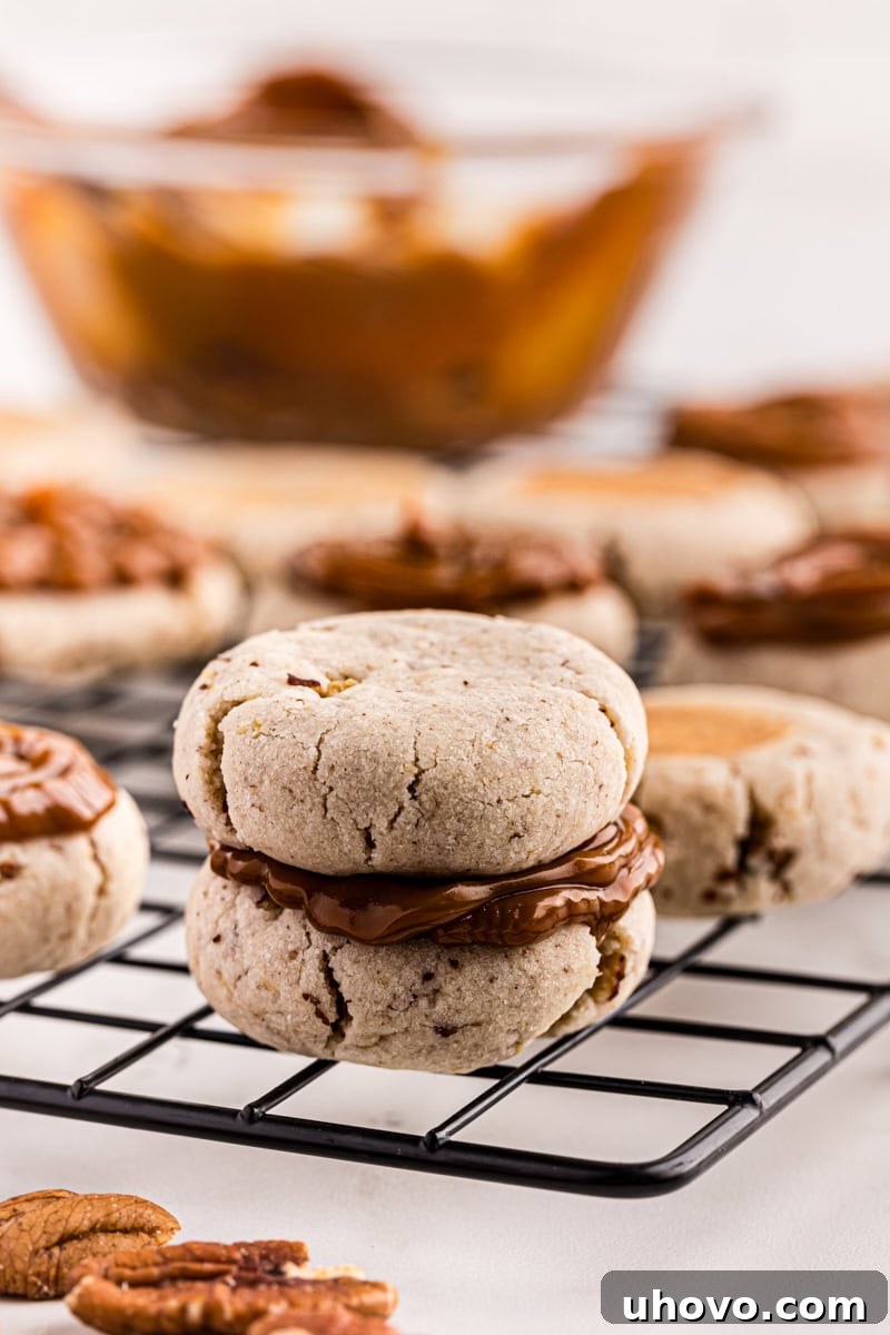 A single dulce de leche cream cheese shortbread sandwich cookie resting on a wire rack, showcasing its delectable filling.
