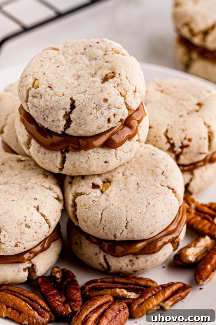Stack of cream cheese shortbread sandwich cookies on plate, showing the rich dulce de leche filling.