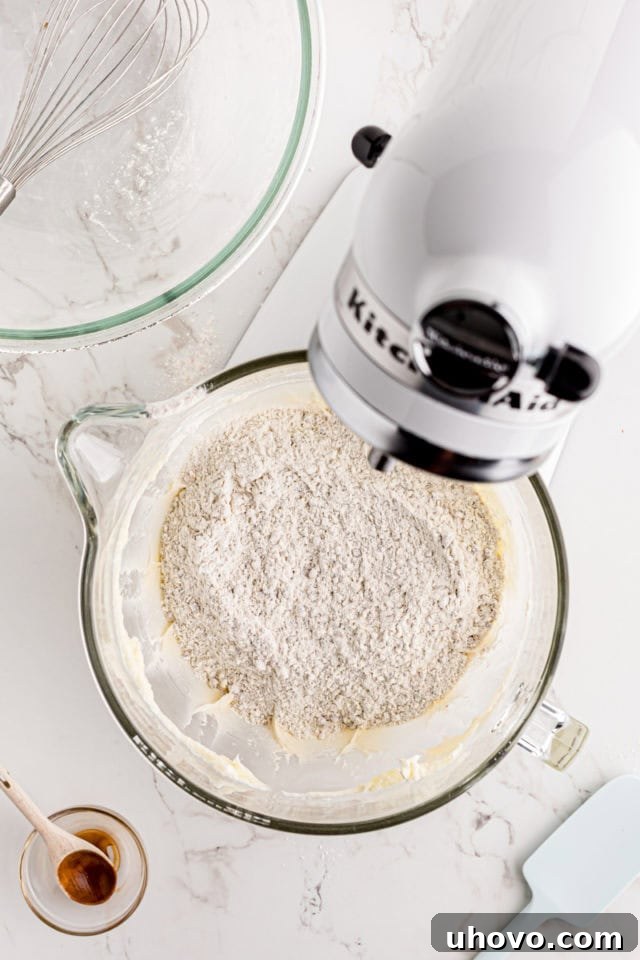 Dry pecan-flour mixture being added to the wet ingredients in a stand mixer.