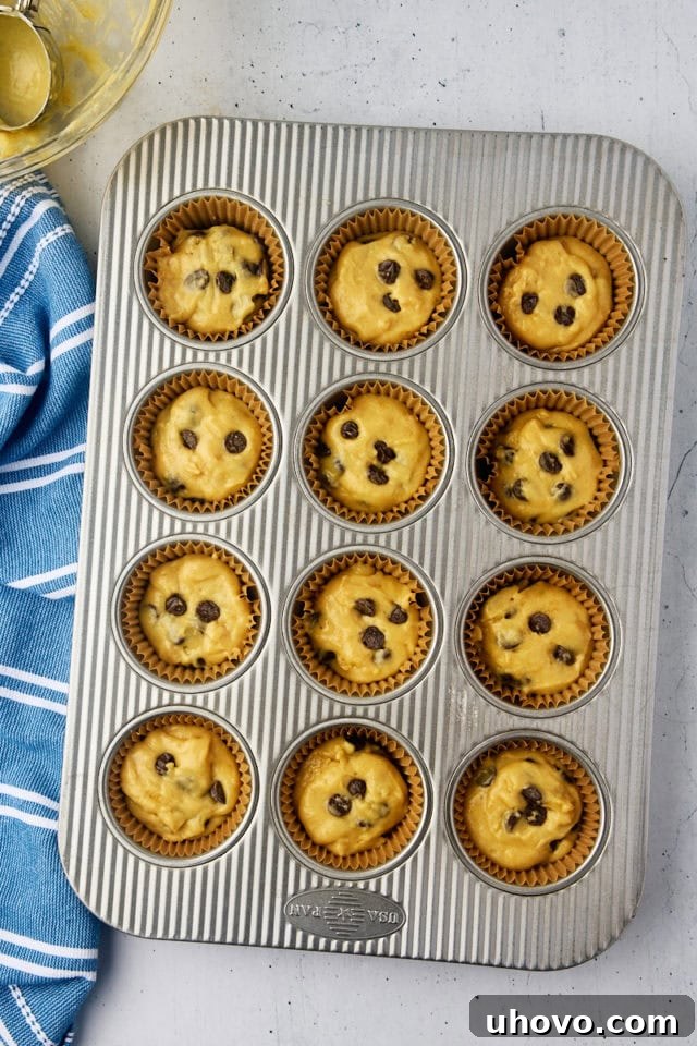 Overhead view of raw chocolate chip muffin batter neatly scooped into each of the 12 cups of a muffin pan, showcasing readiness for baking.