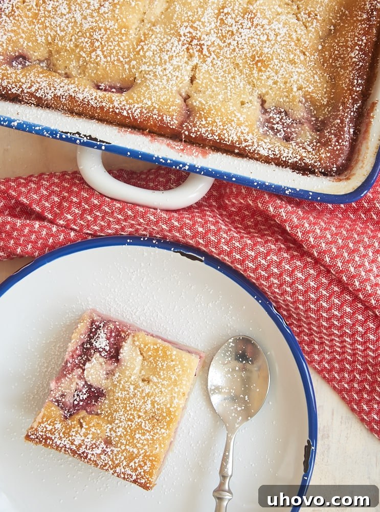 Close-up of a serving of Strawberry Cheesecake Cobbler topped with confectioners' sugar.