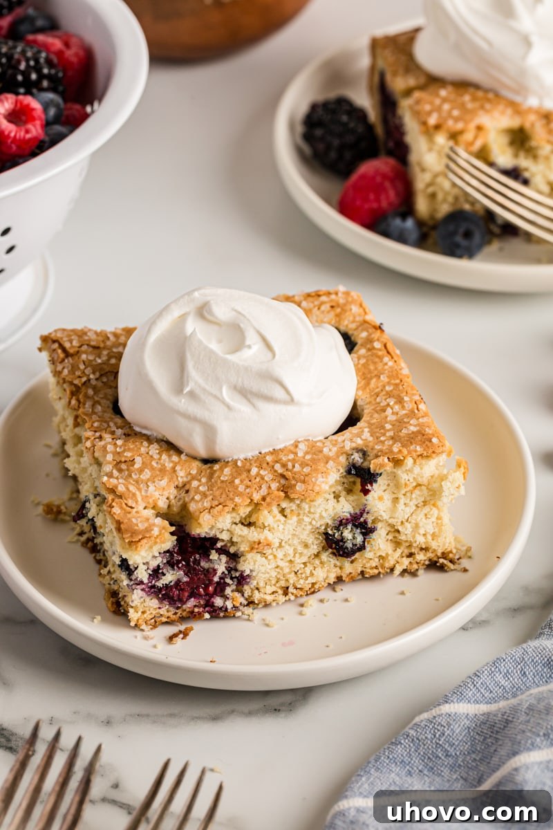 Square of berry vanilla cake on plate with dollop of whipped cream