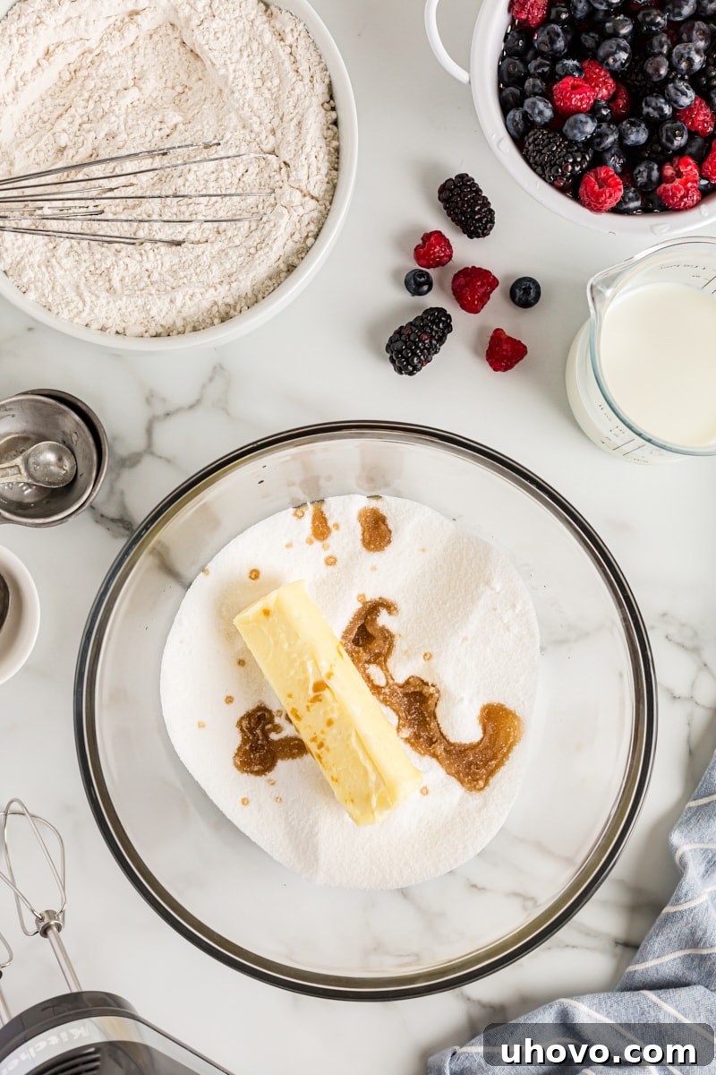 Overhead view of sugar, butter, and vanilla in mixing bowl