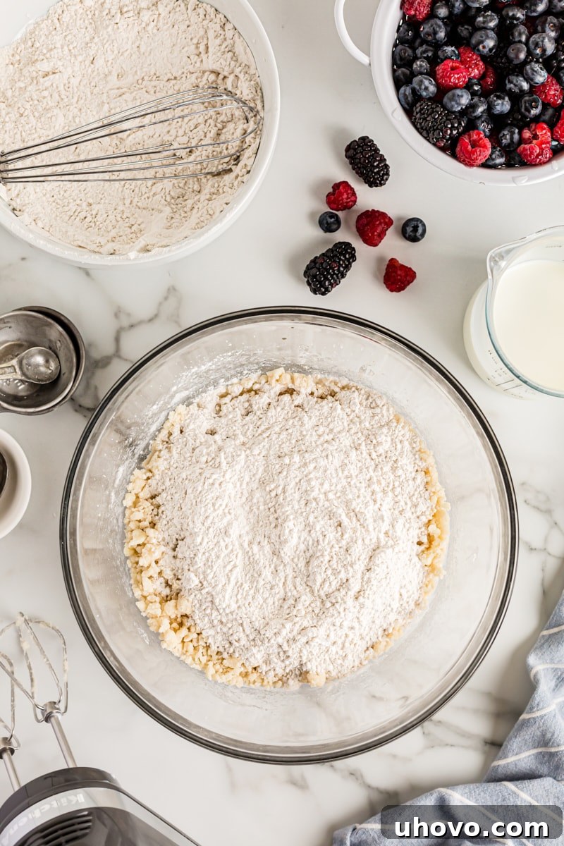 Overhead view of dry ingredients in cake batter before mixing