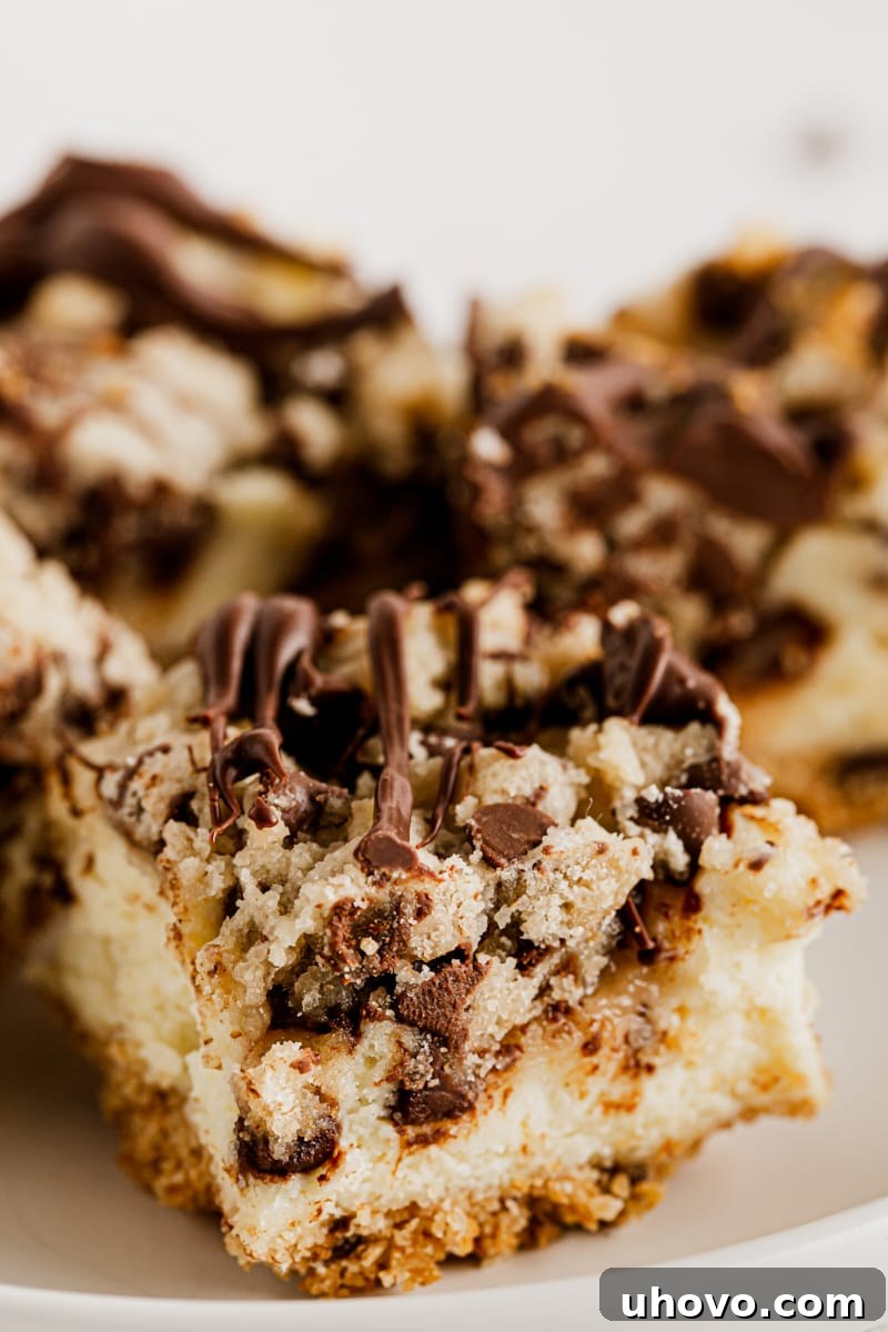 Closeup of chocolate chip cookie dough cheesecake bars