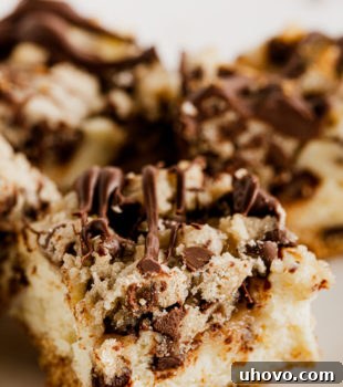 Closeup of chocolate chip cookie dough cheesecake bars