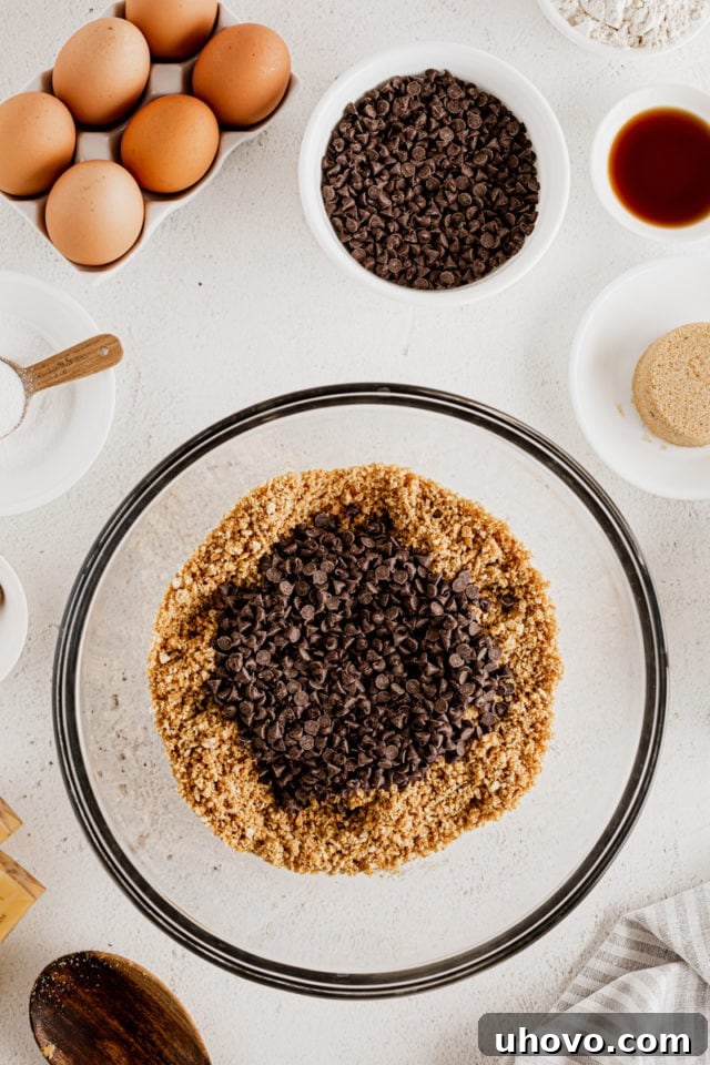 Overhead view of crust ingredient before incorporating chocolate chips