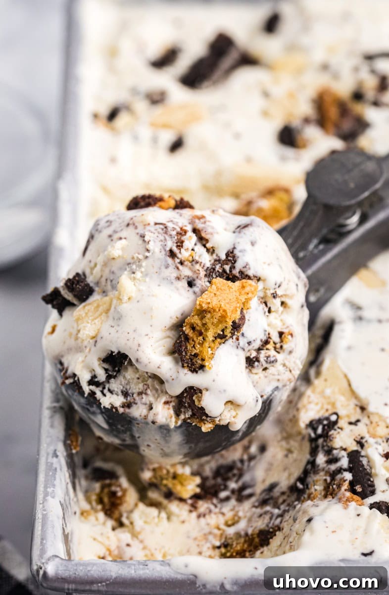 A generous scoop of All the Cookies Ice Cream, showcasing a medley of cookie chunks, resting on top of the remaining ice cream in a chilled loaf pan.