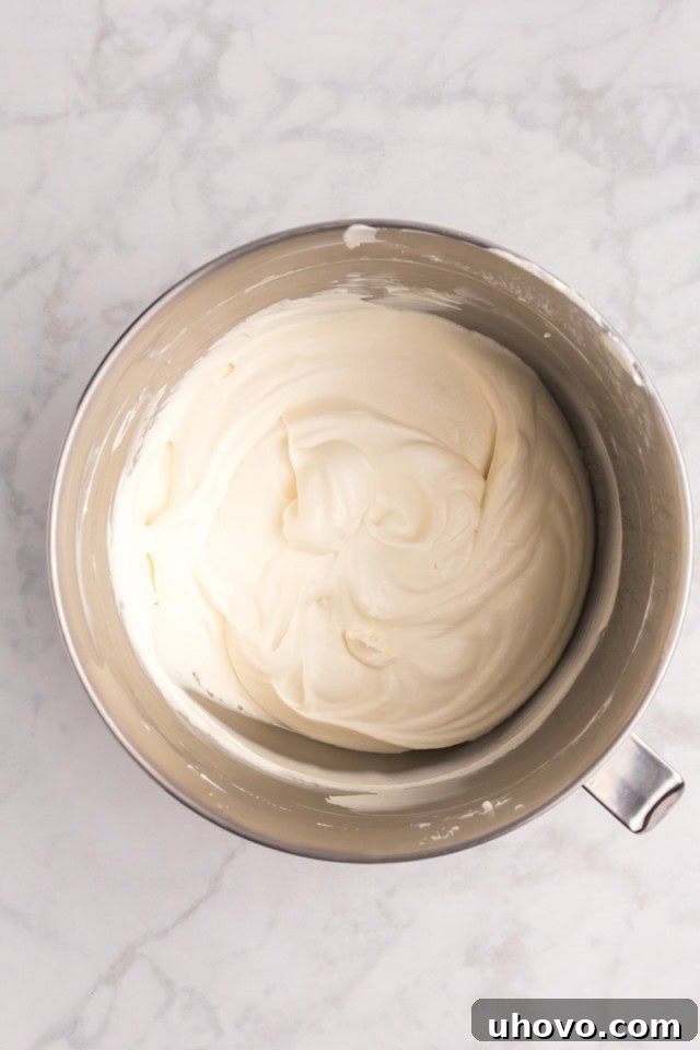 Overhead view of the creamy vanilla ice cream base in a metal mixing bowl, ready for the next step of folding.