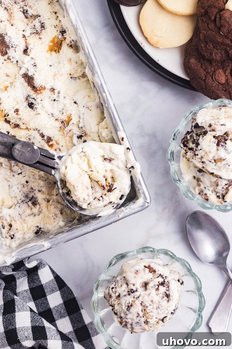 A beautiful arrangement of All the Cookies Ice Cream: two scoops in small bowls, with a single scoop resting invitingly on top of the remaining ice cream in its container.