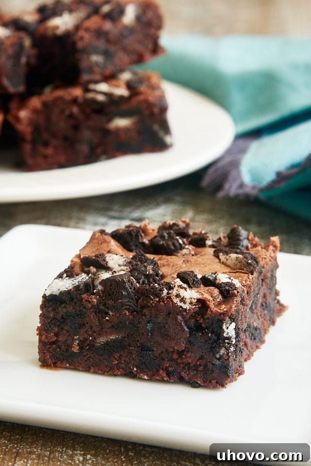 A single Fudgy Cookies and Cream Brownie on a white plate, showing its thick, gooey texture and generous cookie chunks.