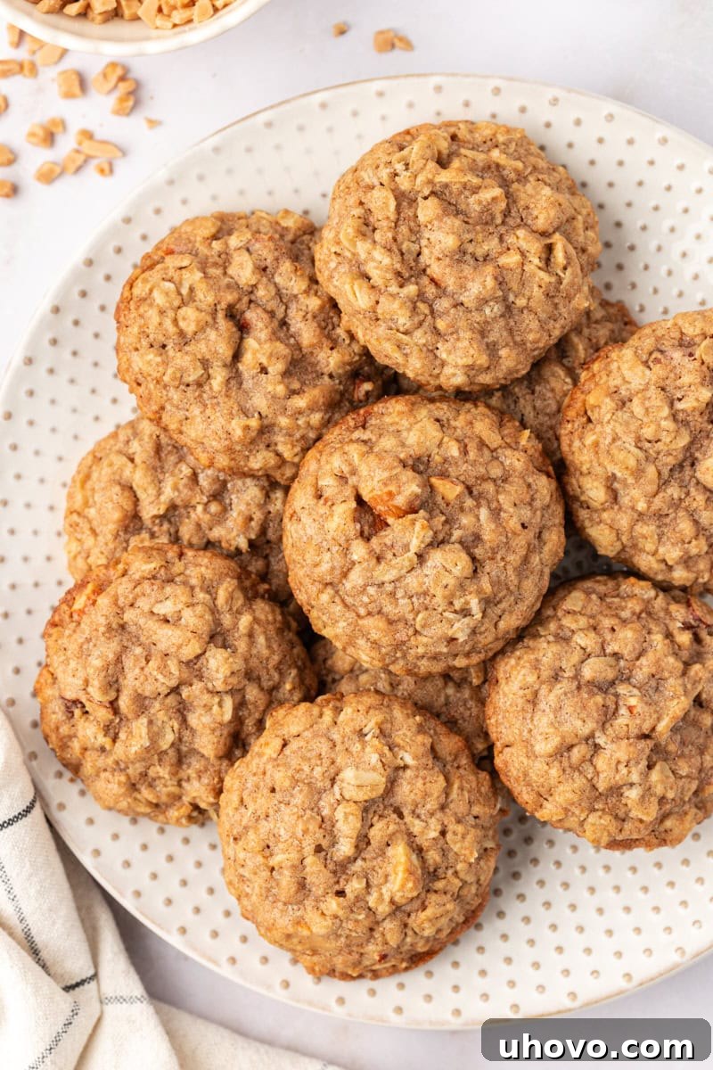 Overhead view of Toffee Almond Oatmeal Cookies arranged artfully on a white plate, ready to be served.