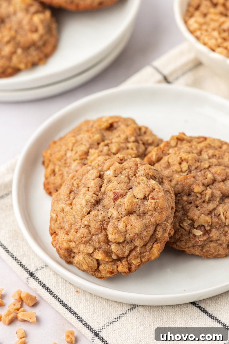 Three golden Toffee Almond Oatmeal Cookies stacked neatly on a white plate, highlighting their appetizing texture.
