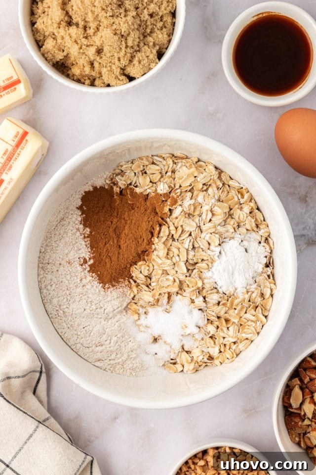 Overhead view of whole wheat flour, oats, baking powder, salt, and cinnamon in a mixing bowl, ready to be combined.