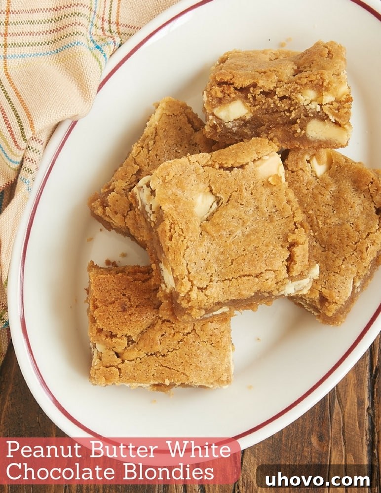 Delicious Peanut Butter White Chocolate Blondies arranged on a serving plate