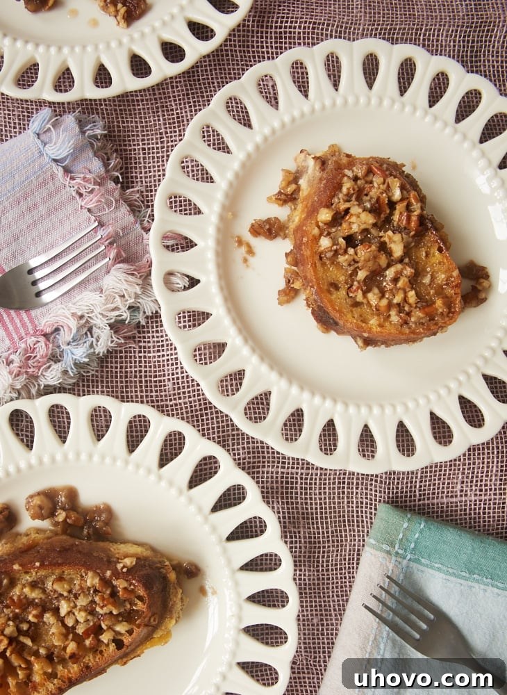 Overnight Baked French Toast with a delicious pecan praline topping, ready to bake in a baking dish.