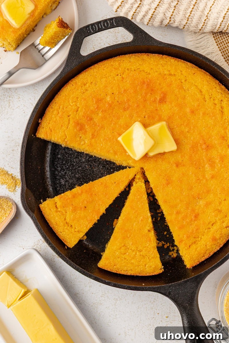 Two slices of golden-brown sour cream corn bread in a cast iron skillet with the remaining bread, ready to serve.
