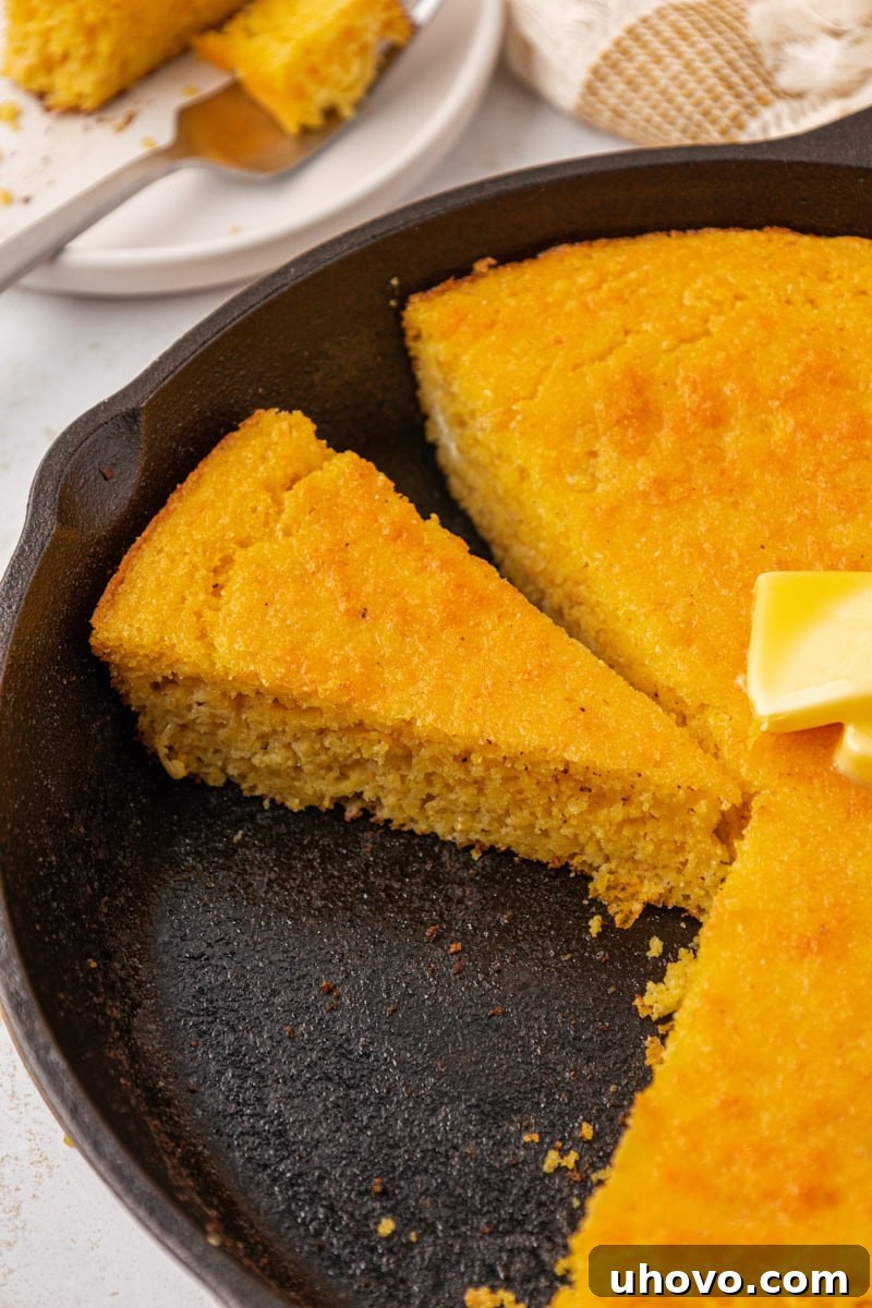 A perfectly sliced piece of sour cream corn bread presented next to the rest of the loaf in a cast iron skillet, ready to be served.