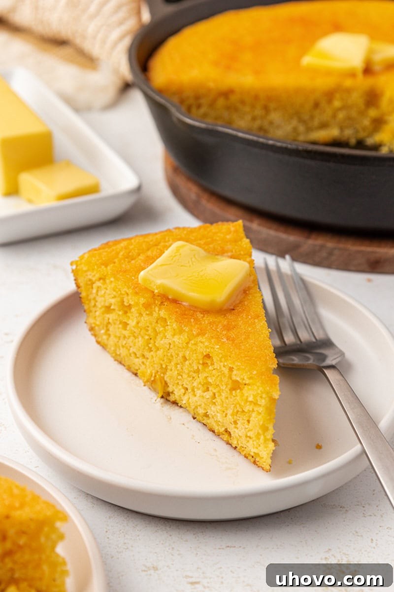A single slice of sour cream corn bread topped with a melting pat of butter on a white plate, ready to be enjoyed.