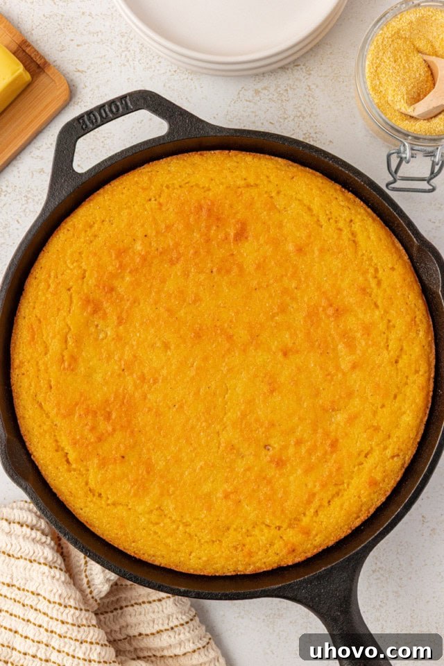 Overhead view of the freshly baked sour cream corn bread in a cast iron skillet, golden brown and puffed up.
