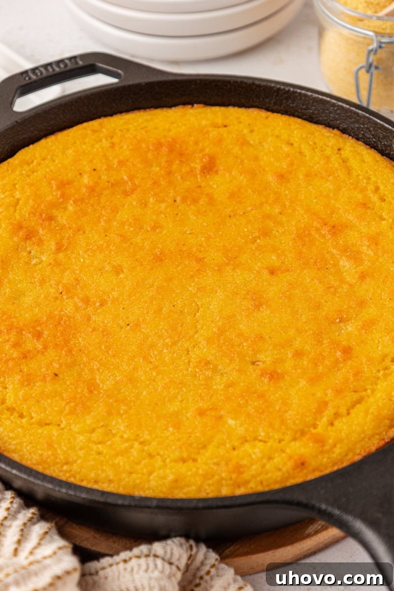 A freshly baked sour cream corn bread in a cast iron skillet, ready to be sliced and served.
