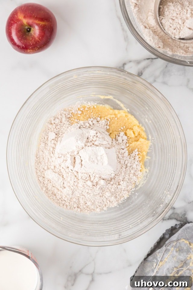 overhead view of dry ingredients added to crumb cake batter