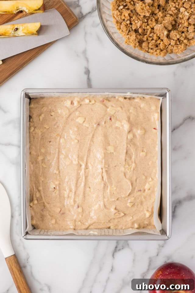overhead view of crumb cake batter spread in a square baking pan