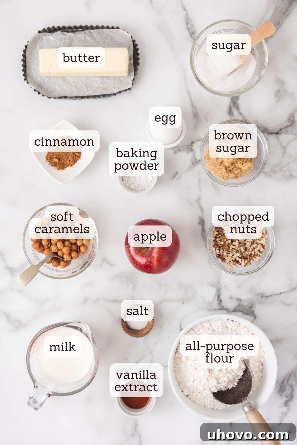 overhead view of ingredients for caramel apple crumb cake